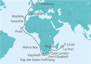 Reiseroute der Kreuzfahrt  Von Mauritius nach Hamburg  Alles Inklusive - AIDA