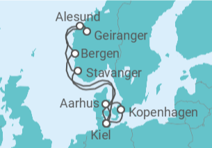 Reiseroute der Kreuzfahrt  Norwegen & Dänemark ab Kiel 1  Alles Inklusive - mit Flug - AIDA