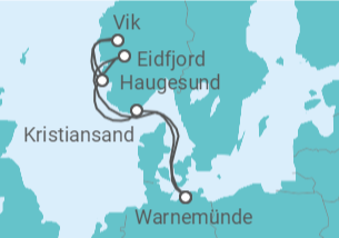 Reiseroute der Kreuzfahrt  Norwegens Fjorde ab Warnemünde  Alles Inklusive - mit Flug - AIDA