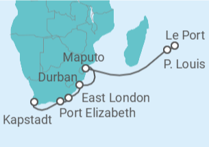 Reiseroute der Kreuzfahrt  Südafrika mit La Réunion & Mauritius 1  Alles Inklusive - AIDA