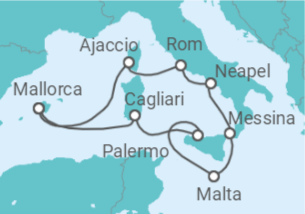 Reiseroute der Kreuzfahrt  Italien & Mittelmeerinseln ab Mallorca  Alles Inklusive - AIDA