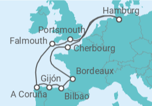 Reiseroute der Kreuzfahrt  Ärmelkanal & Golf von Biskaya ab Hamburg  Alles Inklusive - AIDA