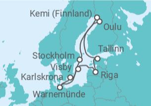 Reiseroute der Kreuzfahrt  Schärengärten der Ostsee ab Warnemünde  Alles Inklusive - mit Flug - AIDA
