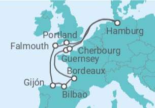 Reiseroute der Kreuzfahrt  Ärmelkanal & Golf von Biskaya mit Sonnenfinsternis  Alles Inklusive - AIDA