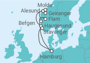Reiseroute der Kreuzfahrt  Norwegens Fjord-Weltnaturerbe ab Hamburg 1  Alles Inklusive - mit Flug - AIDA