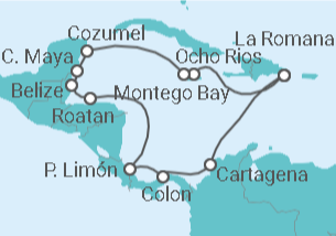 Reiseroute der Kreuzfahrt  14 Nächte - Festtage in Mittelamerika - ab/bis Montego Bay - mit Flug - Mein Schiff