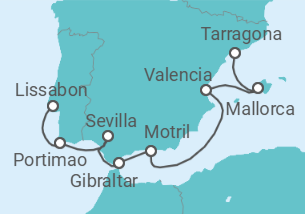 Reiseroute der Kreuzfahrt  Spanien, Gibraltar, Portugal - NCL Norwegian Cruise Line