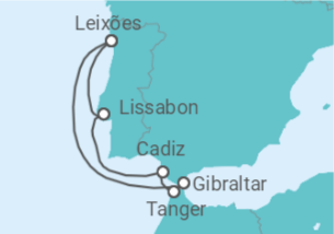 Reiseroute der Kreuzfahrt  7 Nächte - Sommerzeit an der Westküste mit Cádiz - ab/bis Leixoes (Porto) - Mein Schiff