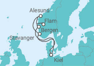 Reiseroute der Kreuzfahrt  Norwegens Welterbe ab Kiel 1 - AIDA