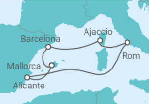 Reiseroute der Kreuzfahrt  Mediterrane Schätze zu Ostern ab Mallorca - AIDA