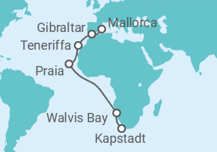 Reiseroute der Kreuzfahrt  Von Kapstadt über Namibia nach Mallorca - TI - AIDA