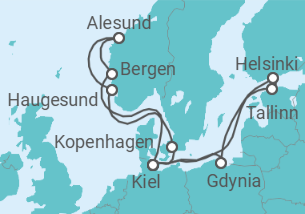 Reiseroute der Kreuzfahrt  14 Nächte - Ostseemetropolen und Zauberhaftes Norwegen - ab/bis Kiel - Mein Schiff