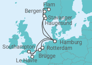 Reiseroute der Kreuzfahrt  14 Nächte - Vielfalt Norwegens und Westeuropas - ab/bis Hamburg - Mein Schiff