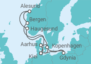 Reiseroute der Kreuzfahrt  12 Nächte - Zauberhaftes Norwegen und Ostseeperlen - ab/bis Kiel - Mein Schiff