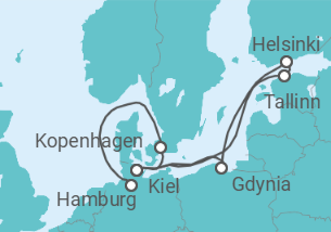 Reiseroute der Kreuzfahrt  10 Nächte - Metropolen der Ostsee - ab Kiel/bis Hamburg - Mein Schiff