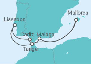 Reiseroute der Kreuzfahrt  9 Nächte - Sonniges Iberien und Marokko - ab/bis Palma - Mein Schiff