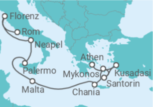 Reiseroute der Kreuzfahrt  Italien, Malta, Griechenland, Türkei - Virgin Voyages