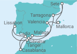 Reiseroute der Kreuzfahrt  Spanien, Gibraltar, Marokko, Portugal, Frankreich - Celestyal Cruises