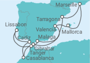 Reiseroute der Kreuzfahrt  Spanien, Gibraltar, Marokko, Portugal, Frankreich - Celestyal Cruises