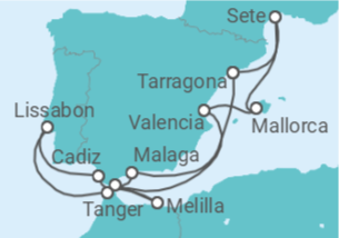 Reiseroute der Kreuzfahrt  Spanien, Gibraltar, Portugal, Marokko, Frankreich - Celestyal Cruises