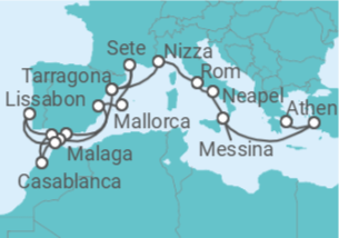Reiseroute der Kreuzfahrt  Von Tarragona (Spanien) nach Athen (Piräus) - Celestyal Cruises