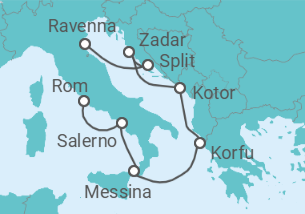 Reiseroute der Kreuzfahrt  Kroatien, Montenegro, Griechenland, Italien - NCL Norwegian Cruise Line