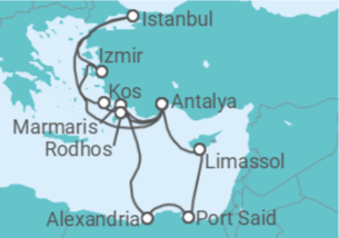 Reiseroute der Kreuzfahrt  Östliches Mittelmeer mit Istanbul & Ägypten - AIDA