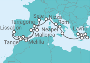 Reiseroute der Kreuzfahrt  Von Lavrio (Athen) nach Tarragona (Spanien) - Celestyal Cruises