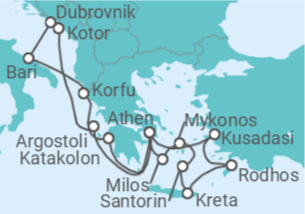 Reiseroute der Kreuzfahrt  Türkei, Griechenland, Montenegro, Kroatien, Italien - Celestyal Cruises