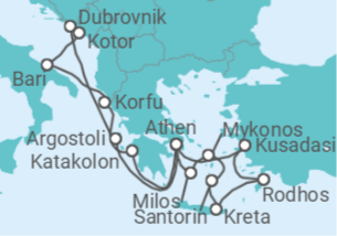 Reiseroute der Kreuzfahrt  Griechenland, Kroatien, Montenegro, Italien, Türkei - Celestyal Cruises