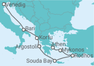 Reiseroute der Kreuzfahrt  Von Venedig  nach Athen (Piräus) - Costa Kreuzfahrten