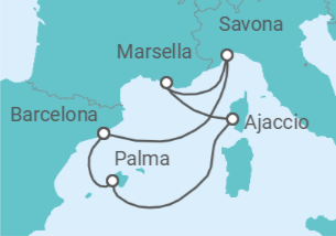 Reiseroute der Kreuzfahrt  Spanien, Italien, Frankreich Alles Inklusive - Costa Kreuzfahrten