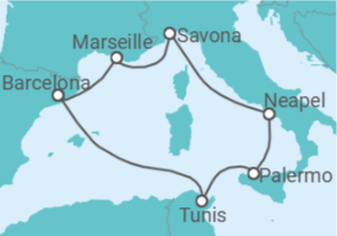 Reiseroute der Kreuzfahrt  Frankreich, Italien, Tunesien Alles Inklusive - Costa Kreuzfahrten