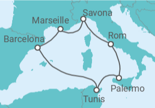 Reiseroute der Kreuzfahrt  Frankreich, Spanien, Tunesien, Italien - Costa Kreuzfahrten