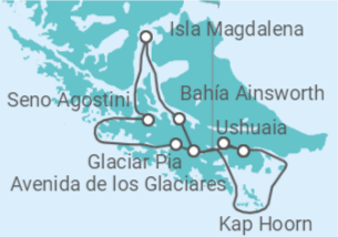Reiseroute der Kreuzfahrt  Patagonische Gletscher ab Ushuaia - Australis
