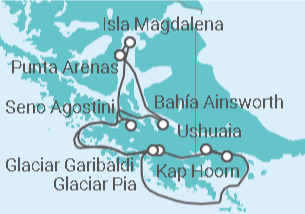 Reiseroute der Kreuzfahrt  Auf den Spuren von Darwin ab Punta Arenas - Australis