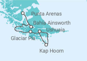 Reiseroute der Kreuzfahrt  Feuerlands Fjorde - Australis