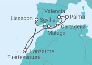 Reiseroute der Kreuzfahrt  Spanien, Portugal & Kanaren 1 - AIDA