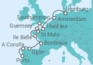 Reiseroute der Kreuzfahrt  13-Tage Hamburg-Amsterdam-Bordeaux-Porto - Nicko Cruises