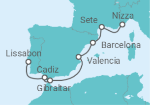Reiseroute der Kreuzfahrt  8-Tage Nizza-Sète-Barcelona-Valencia-Gibraltar-Cádiz-Lissabon - Nicko Cruises