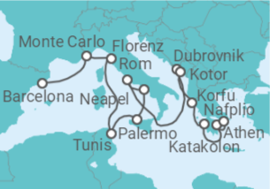 Reiseroute der Kreuzfahrt  Von Barcelona nach Athen (Piräus) - Holland America Line