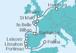 Reiseroute der Kreuzfahrt  von Hamburg nach Palma de Mallorca
- Hapag-Lloyd Cruises