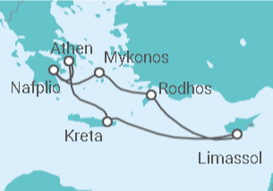 Reiseroute der Kreuzfahrt  Griechenland, Zypern - Seabourn