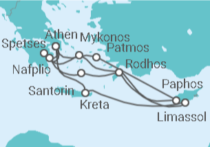 Reiseroute der Kreuzfahrt  Griechenland, Zypern - Seabourn
