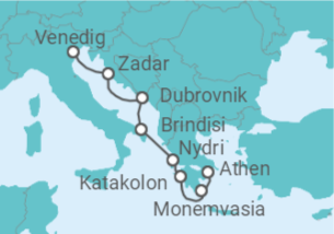 Reiseroute der Kreuzfahrt  Griechenland, Italien, Kroatien - Seabourn