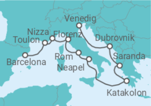 Reiseroute der Kreuzfahrt  Von Venedig  nach Barcelona - Holland America Line