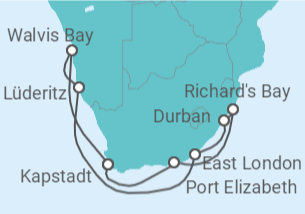 Reiseroute der Kreuzfahrt  Südafrika & Namibia - AIDA