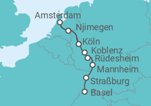 Reiseroute der Kreuzfahrt  Basel • Rüdesheim • Amsterdam • Köln - Nicko Cruises