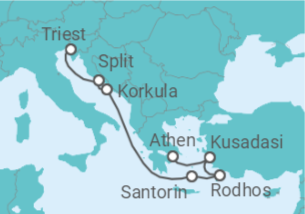 Reiseroute der Kreuzfahrt  Kroatien, Griechenland, Türkei - Holland America Line