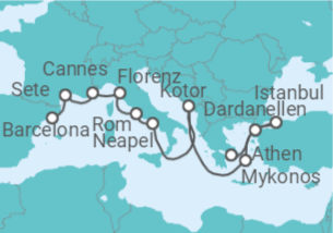 Reiseroute der Kreuzfahrt  Von Athen (Piräus) nach Barcelona - Holland America Line